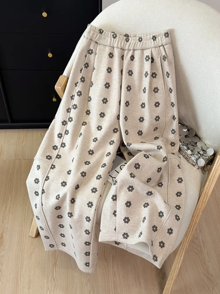 Damskie zimowe ocieplane spodnie z szerokimi nogawkami, haftowane kwiatami, z wysokim stanem, o prostym kroju, wyszczuplające, codzienne spodnie.