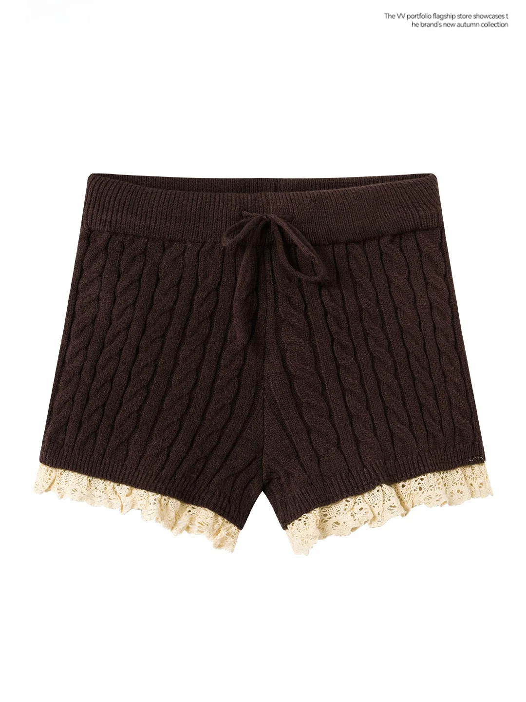 Korean Style Knitted High Waist Lace Short Pants Women's Spring Coffee Color Loose Fit Trousers Casual Elastic Waist Bottomin...