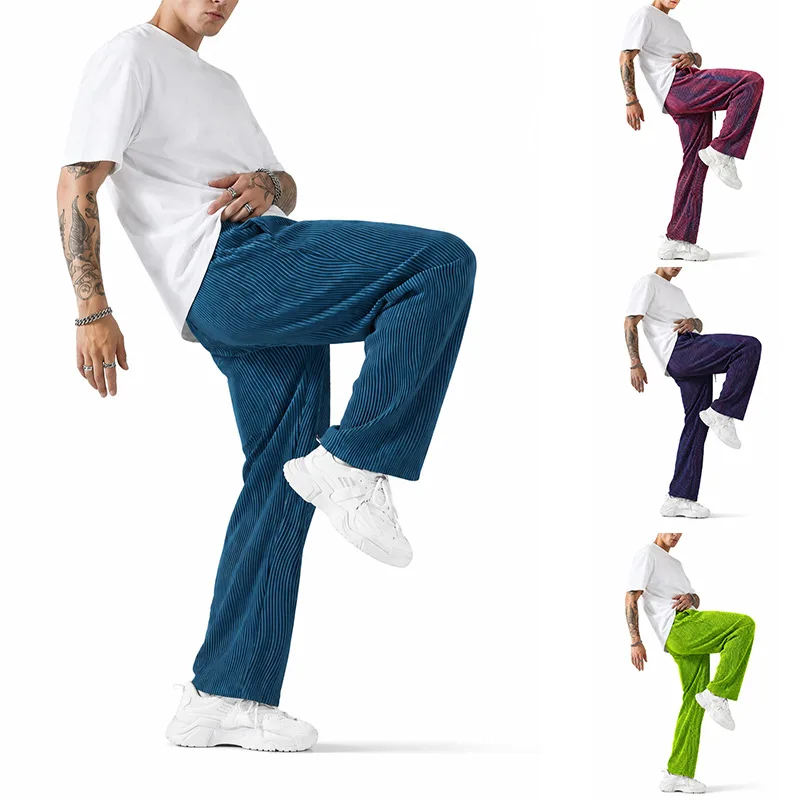 Men Elastic Waist Corduroy Wide Leg Pants Pleated Loose Straight Trousers Soft Velvet Multi Color Streetwear Casual Daily Party