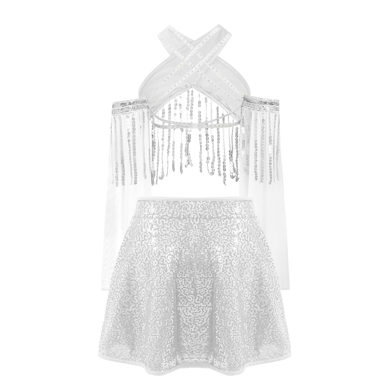 Girls Jazz Dance Stage Performance Costume Sheer Mesh Flared Sleeves Sparkling Sequin Tassels Cross Crop Top with Sequined Skirt