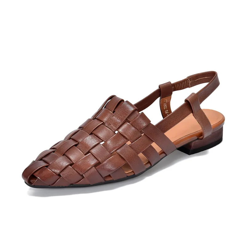 

Новые летние винтажные тканые кожаные сандалии ручной работы с подкладкой, женские сандалии на плоском каблуке с открытым носком, модный дизайн с вырезами