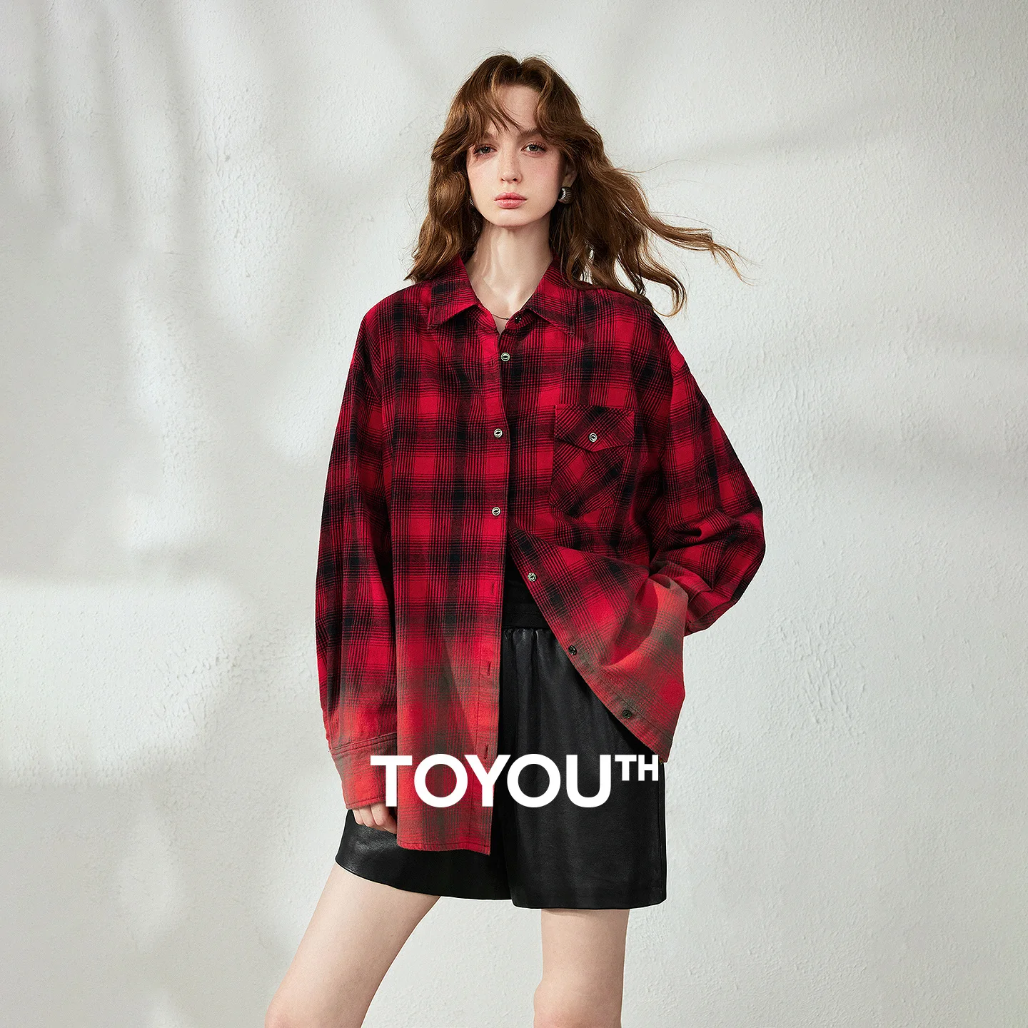 TOYOUTH Womens Cotton Shirt 2026 Autumn New Gradient Plaid Vintage Nomadic Loose Outerwear