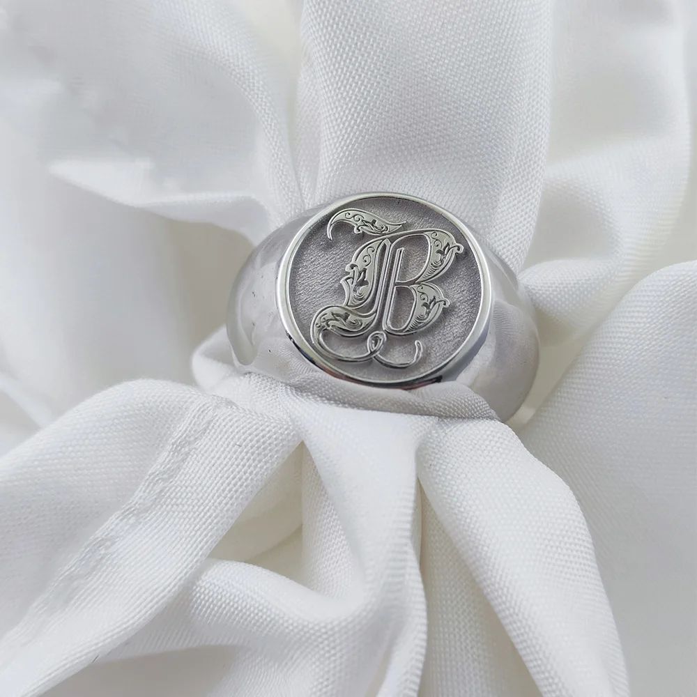 Custom  925 Solid  Silver Men Letter Engrave Ring  Personalized 15mm Chunky Signet Ring 3D engraved Royal  Initial Letter Ring