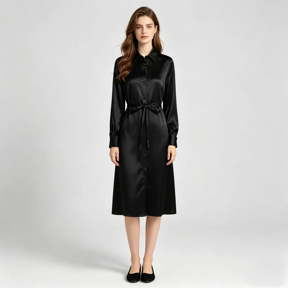 

100% Natural Mulberry Silk Black Satin High Grade Single Breasted Shirt Style Long Sleeve Dress, 2026Women's Fashion Spring New