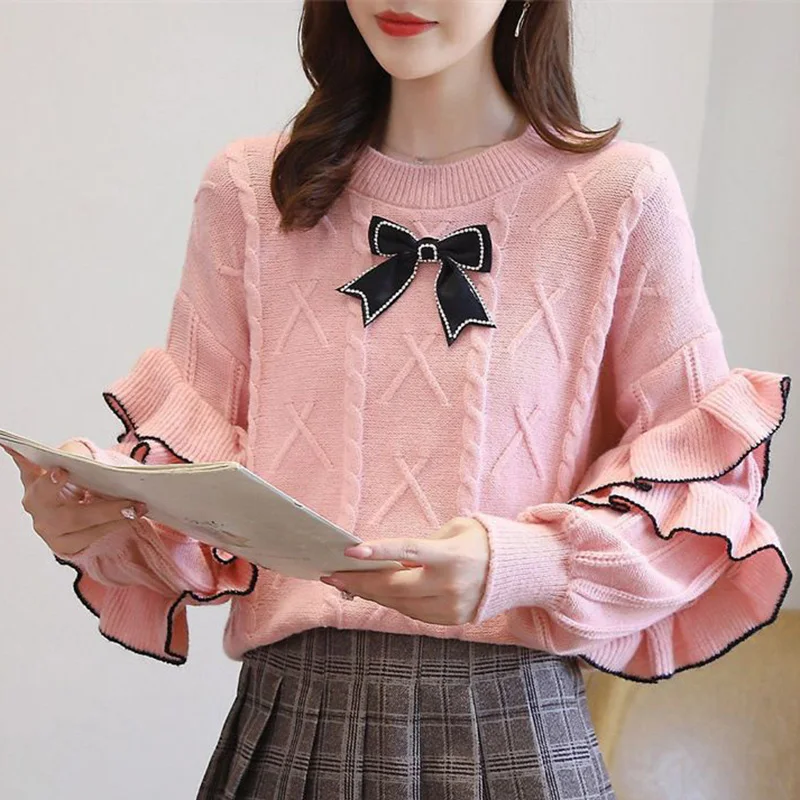 Fashion O-Neck Spliced Beading Bow Ruffles Sweaters Female Clothing 2023 Autumn New Casual Pullovers Loose Knitted Warm Tops