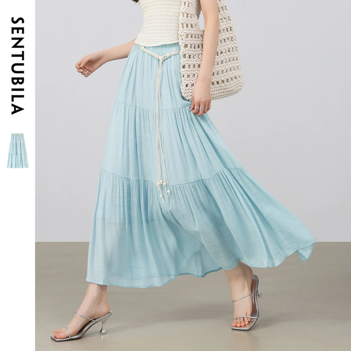 SENTUBILA Women's Layered Skirts Summer Long White Pleated A Line Midi Skirt 2025 New Collection Elegant Boho Clothing W52QA2340