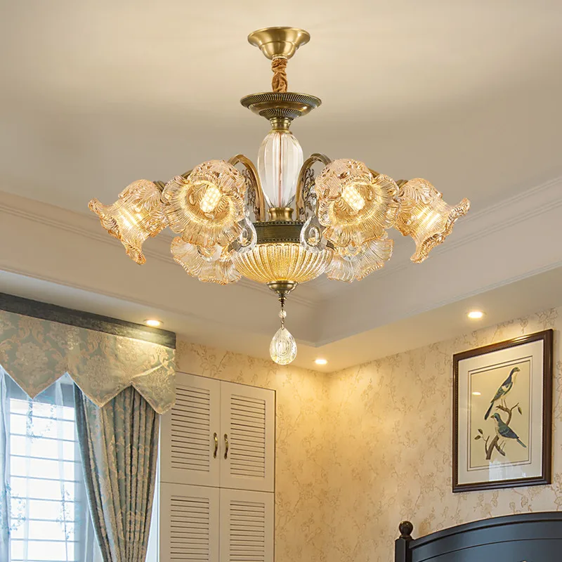 American Retro Brass Chandelier Led European Luxury Crystal Living Room Dining Room Bedroom Study Villa Hotel Pendent Lamp