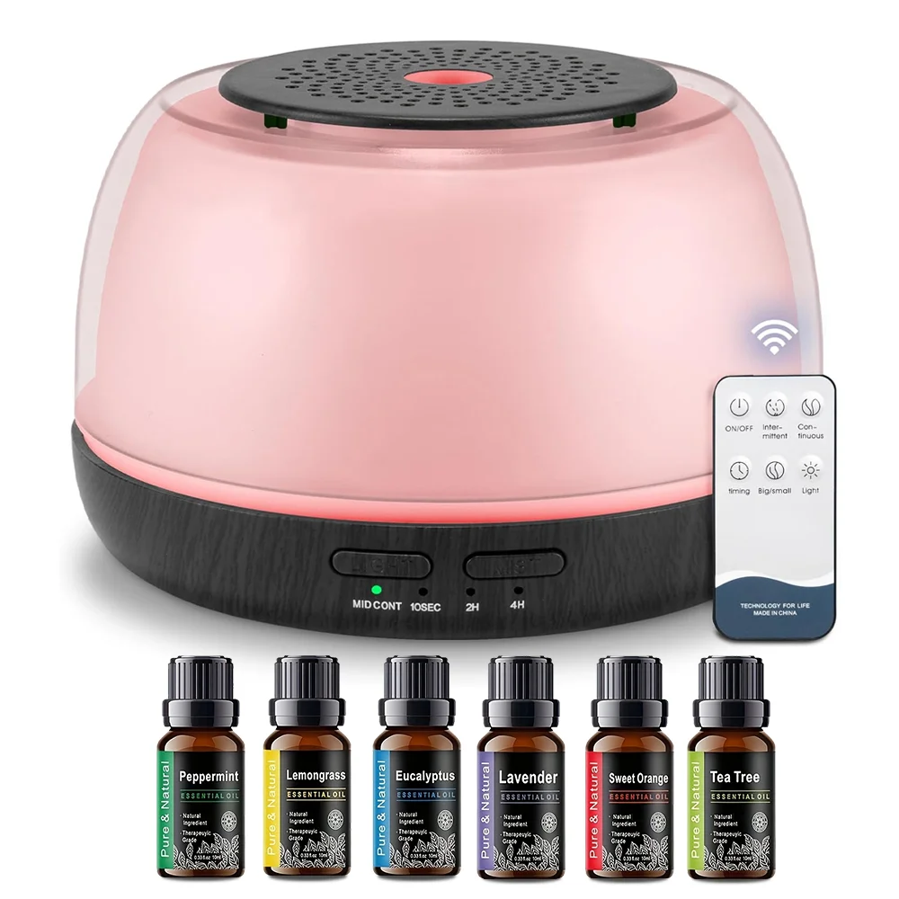 Umidificador de aromaterapia com controle remoto para casa, difusor de óleo essencial de 500ml - 8 horas, 4 temporizadores, LED de 7 cores, 6 óleos incluídos