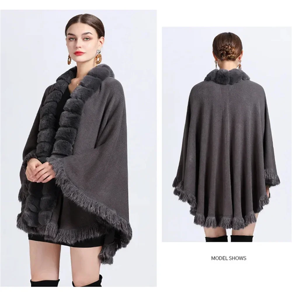 Women Winter Thick Knitted Loose Cloak Bamboo Joint Poncho Oversize Shawl Cape Faux Rabbit Fur Collar Long Tassel Outstreet Coat