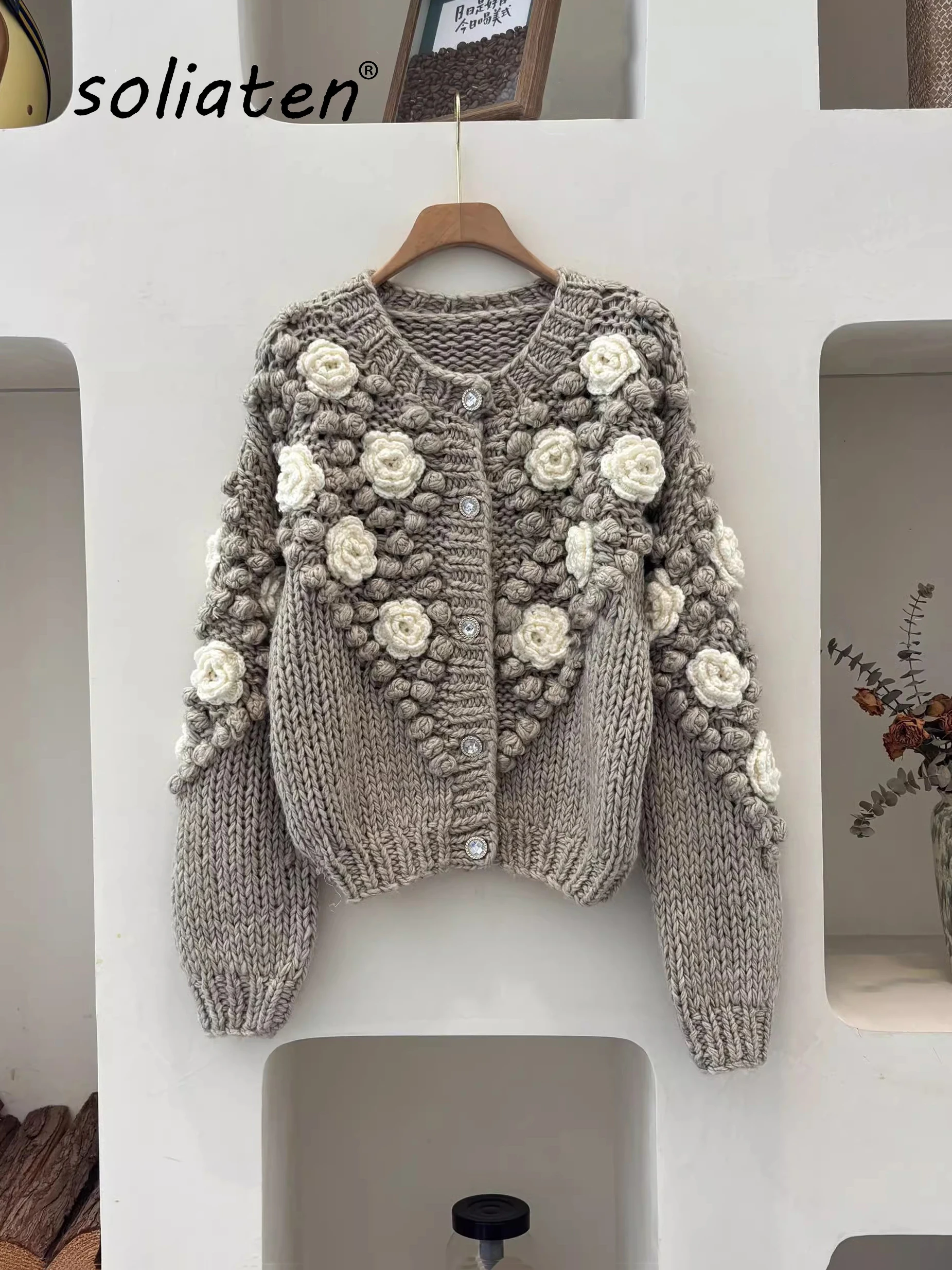 Thick 3D Flower Crochet Knit Cardigans Casual Long Sleeve Single Breasted Sweaters Women Loose Handmade Streetwear C-211