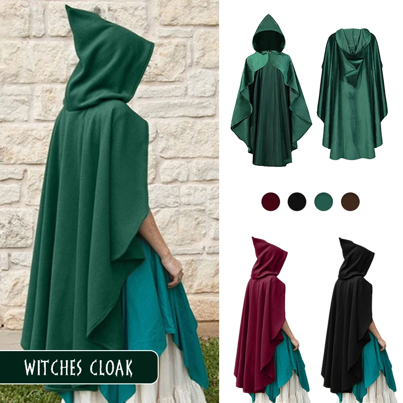 Women Medieval Vintage Pirate Witch Hooded Cape Steampunk Gothic Velvet Poncho Coats Halloween Stage Party Cosplay Wizard Cloak