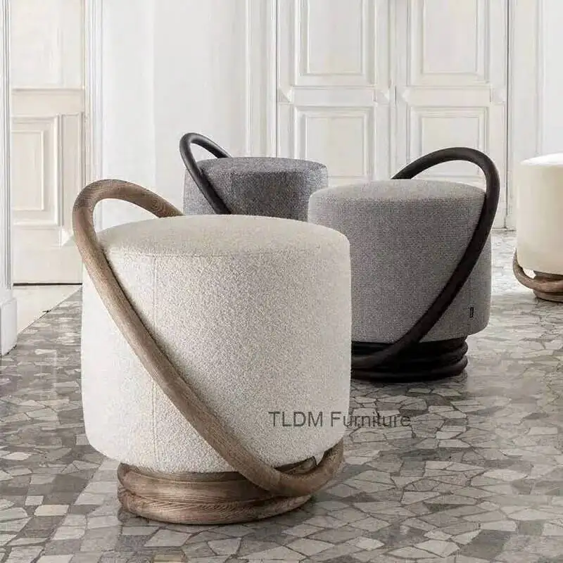 

Современный дизайнерский роскошный табурет для дома и спальни, низкий, из массива дерева, с мягкой тканевой обивкой, круглый, простой, для макияжа, подставка для ног