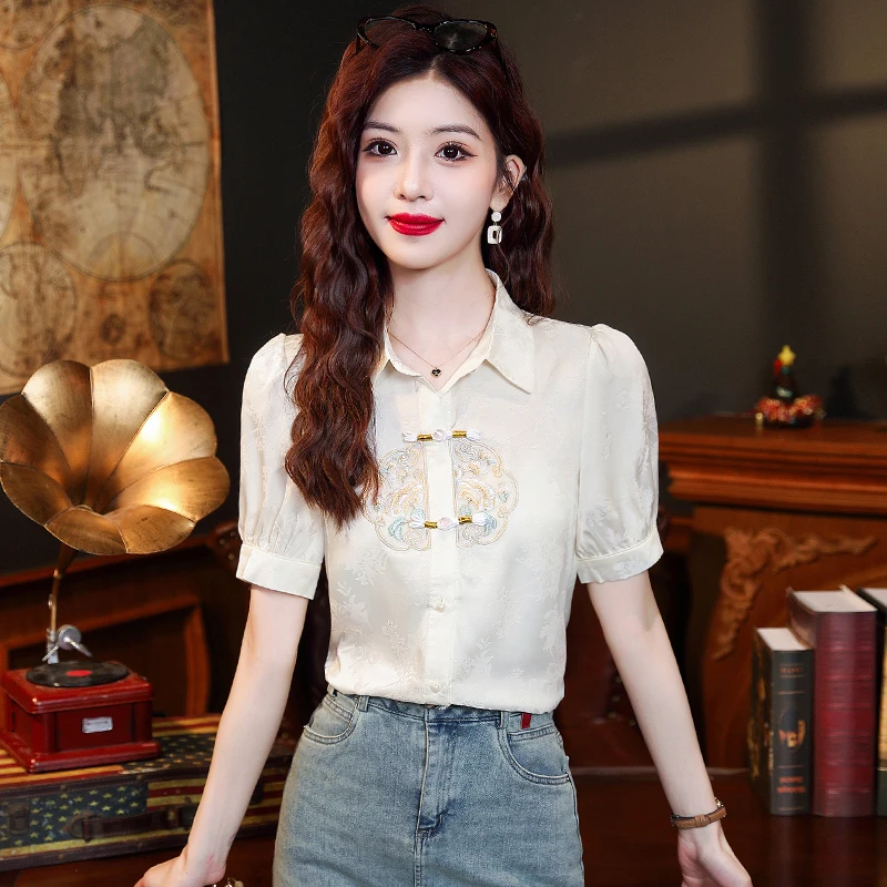 Short Sleeve Turn Down Collar Women Shirt Embroidery Chiffon Shirt Blouse Women Tops Blusas Mujer De Moda 2024 Verano Blusa H758