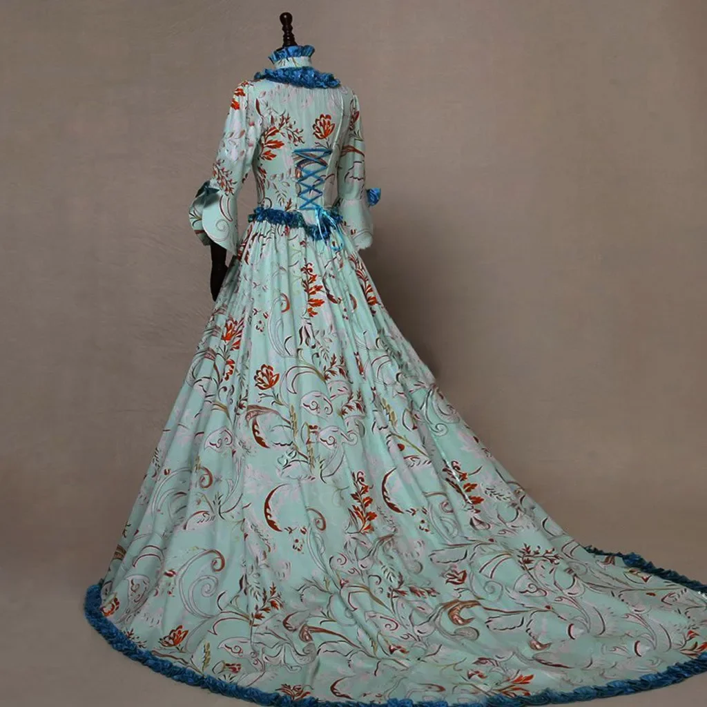 เดรสผู้หญิงย้อนยุคเดรสยาวแบบกอธิคสำหรับผู้หญิงพิมพ์ลายดอกไม้ชุดราตรีแขนบานเดรสแต่งงาน