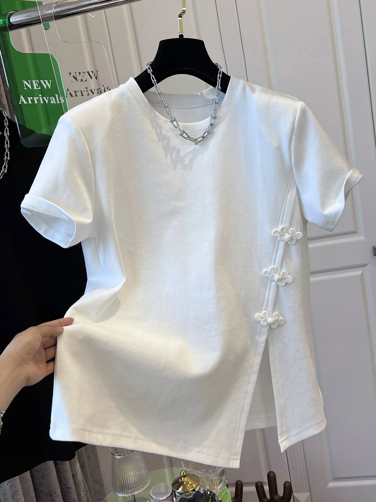 Cotton Large Size Irregular Chinese Style Buckle Splicing Under Slip-away Short-sleeved T-shirt Top Neck 2024 Summer Dress