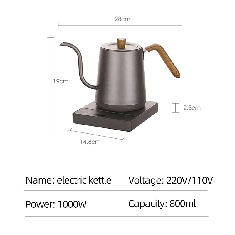 800ml Smart Hand Brew Kettle Gooseneck Electric Coffee Pot Smart Teapot Temperature Control Pot 1000W Rapid Heating Kettle