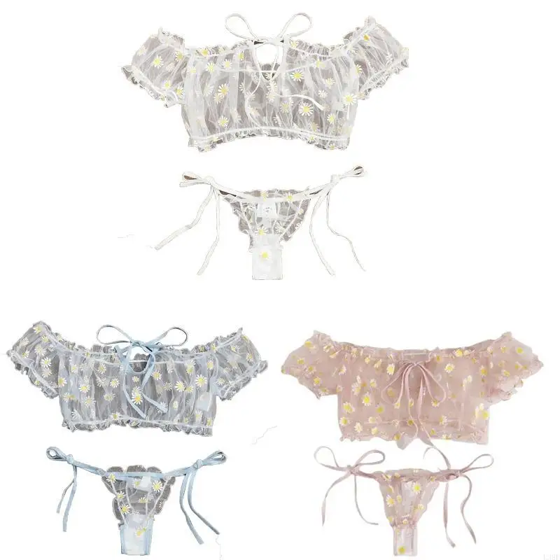 L38E Womens Sexy See-Through Mesh Lingerie Set Sweet Floral Short Sleeve Off Shoulder Bra Top Ruffled Frill Trim Tie