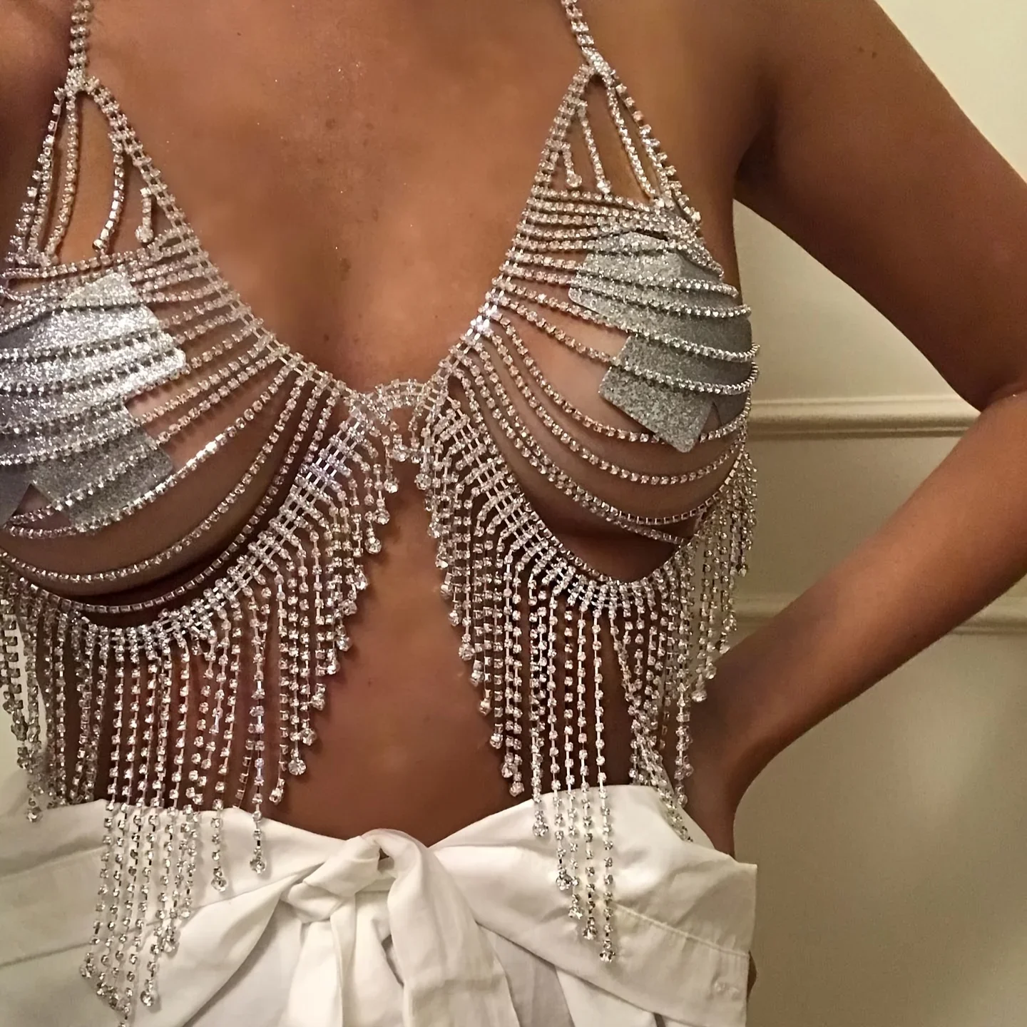 الفاخرة هامش وامض الجسم سلسلة أزياء المرأة حجر الراين مثير الصدرية الصيف الملابس الداخلية مطابقة التبعي التألق ثوب النوم #2