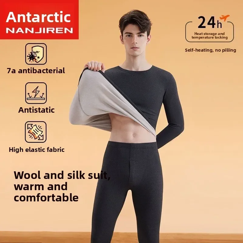 Antártico terno quente lã de seda aquecimento masculino outono inverno pele beleza camisa de fundo engrossado longo johns dormir pijamas conjunto