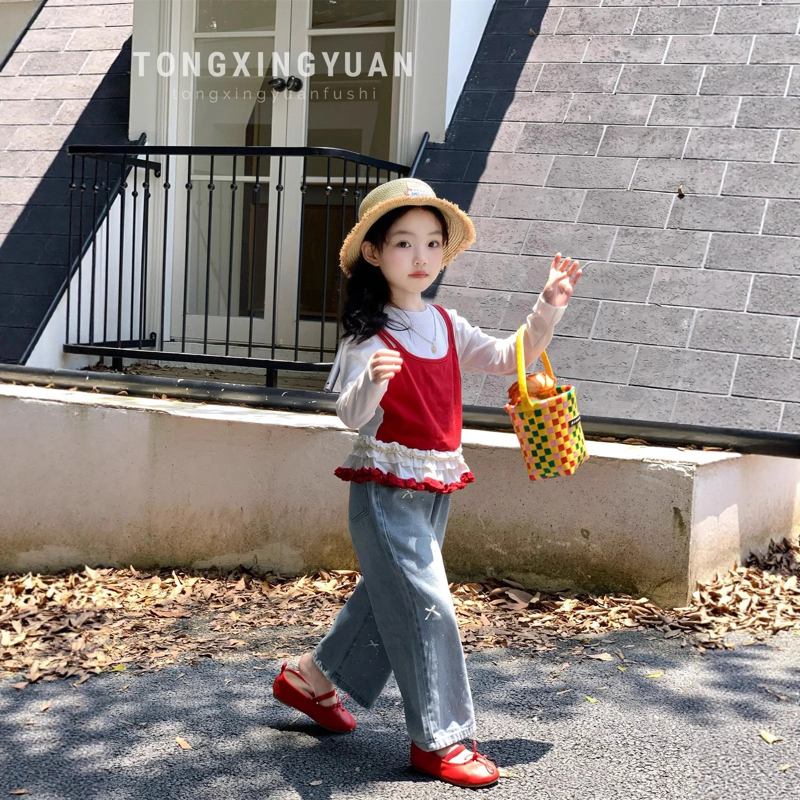 2026 Autumn New Girls' False Two-piece Top Base Shirt Spring and Autumn Korean T-shirt