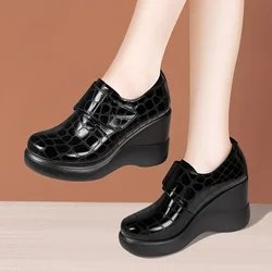 9cm Small Size 32-43 Deep Mouth Bright Leather Loafers Womens Platform Wedges Shoes 2026 Fall High Heels Shoes Office Mom Model