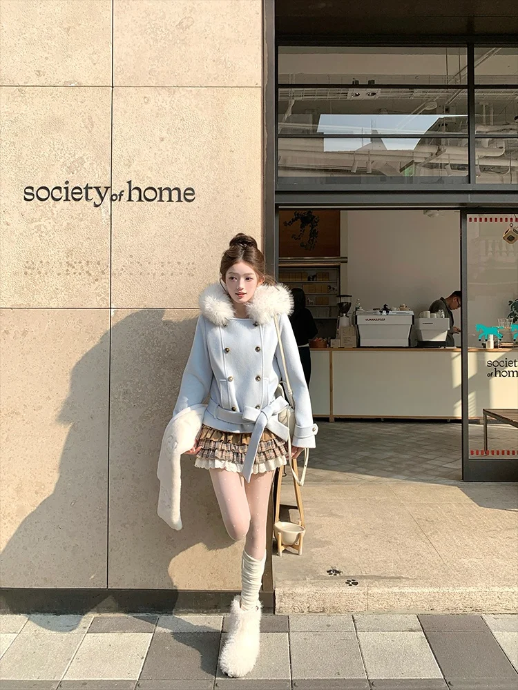 

Женское зимнее шерстяное пальто Acaine Blue с меховым воротником и капюшоном, повседневное, свободного кроя, двубортное, на пуговицах