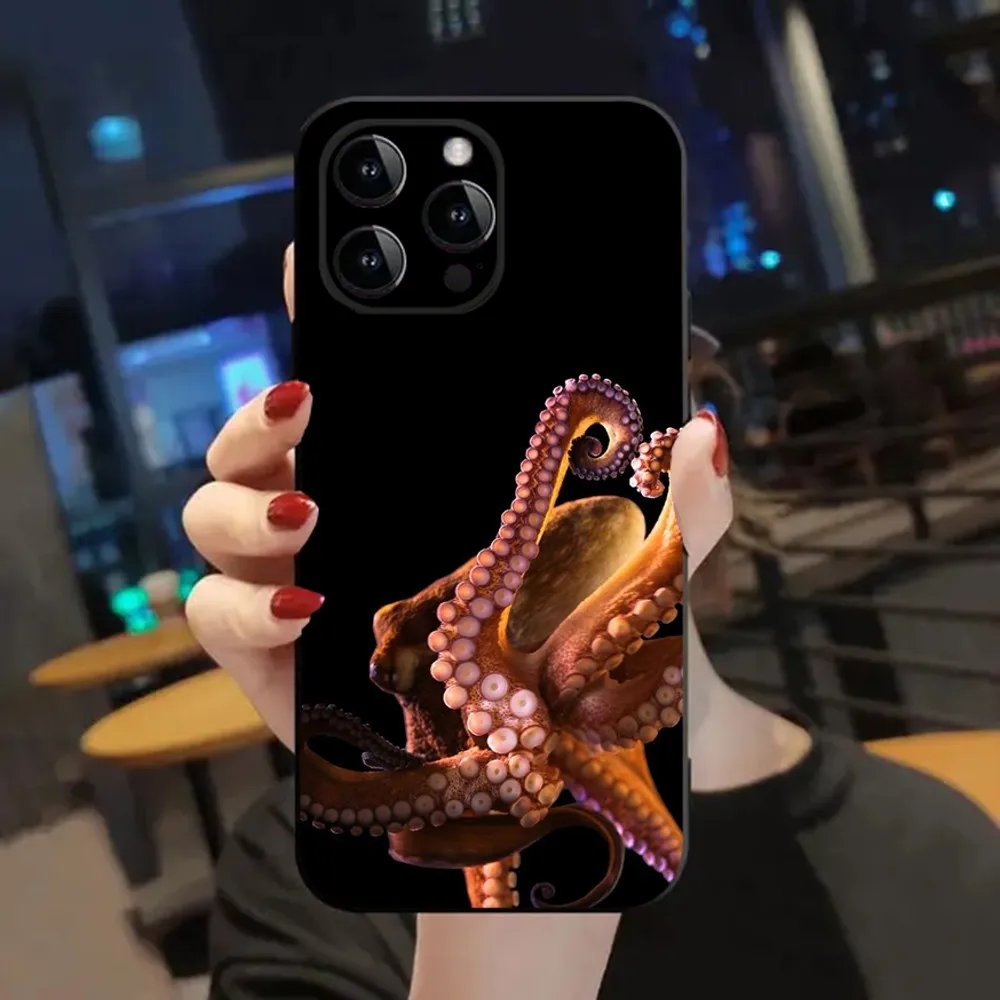 Marine Life Ocean Octopus Phone Case For Apple iPhone 15,14,13,12,11,XS,XR,X,8,7,Pro,Max,Plus,mini Silicone Black Cover