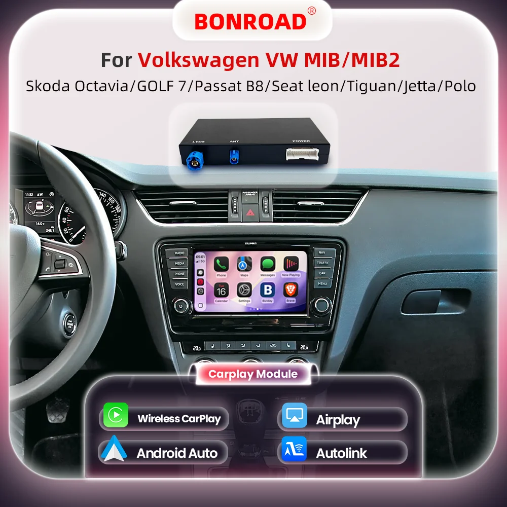 BONROAD Kabelloses CarPlay Android Auto Upgrade-Modul für Volkswagen VW MIB MIB2 Skoda Octavia Golf 7 Passat B8 Seat Leon Jetta Polo mit MirrorLink Airplay Smart Decoding Box
