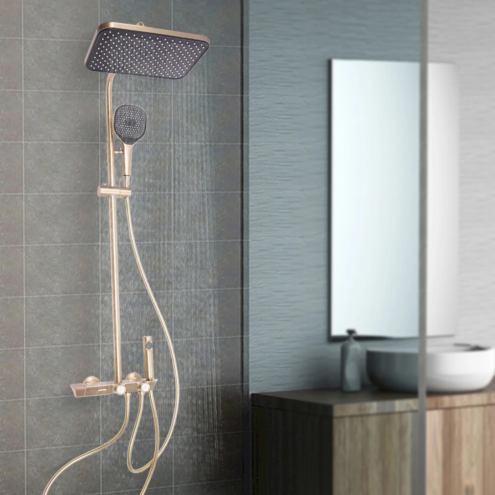 Thermostatisches Duschset, mit Kopfbrause und Handbrause, wandmontiertes, verstellbares Duschset für Hotels und Privathaushalte, G1/2-Anschluss – Detail 5