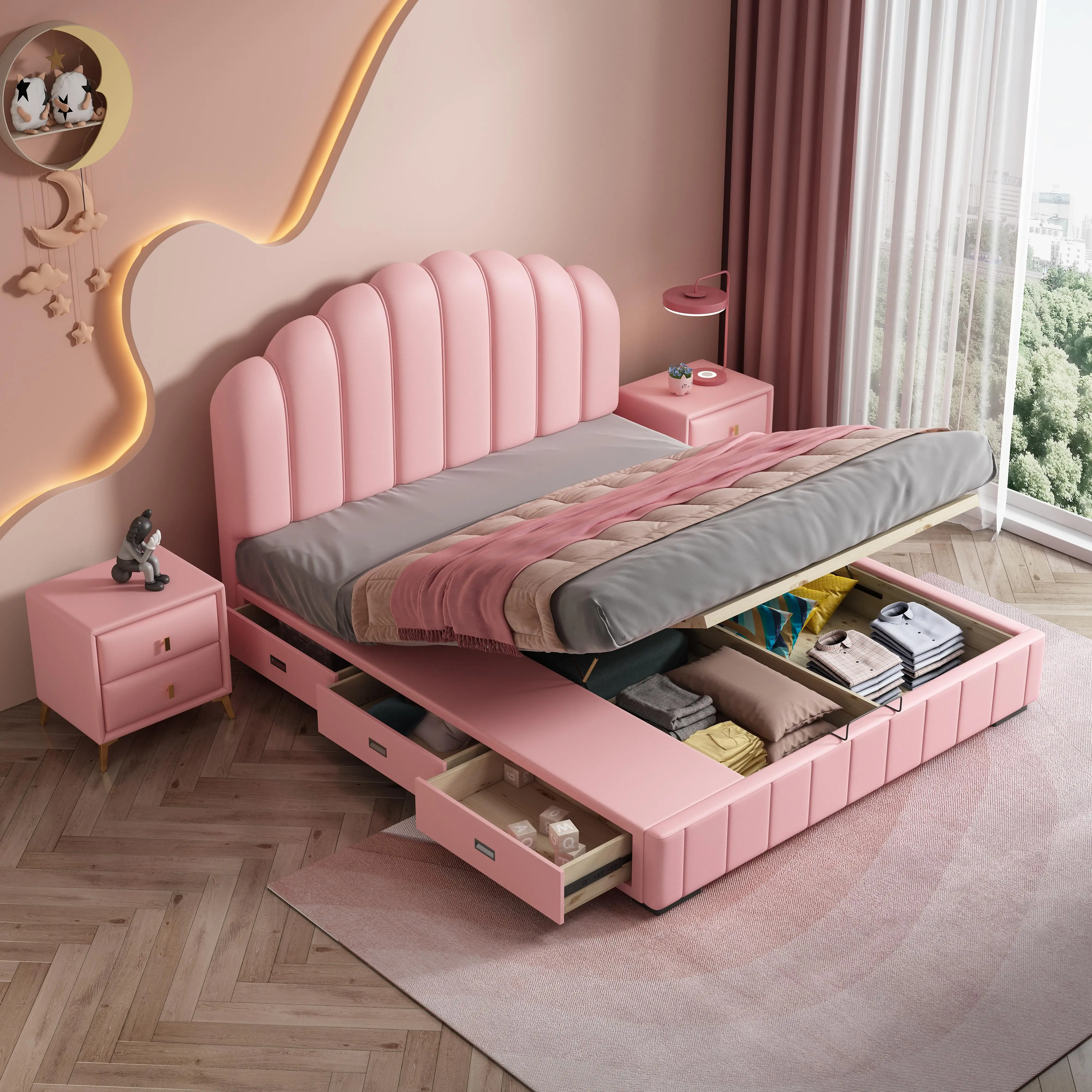 Modern Newly Design Kids Girl Bed Queen Bed With Drawers Children's Wooden Beds With Storage