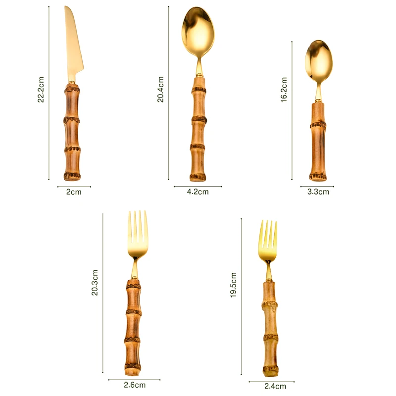 Bamboo Handle Tableware Stainless Steel Nature Retro Dinnerware Gold Cutlery Set 1PCS Steak Knives Fork Spoon Tea Dessert Spoons