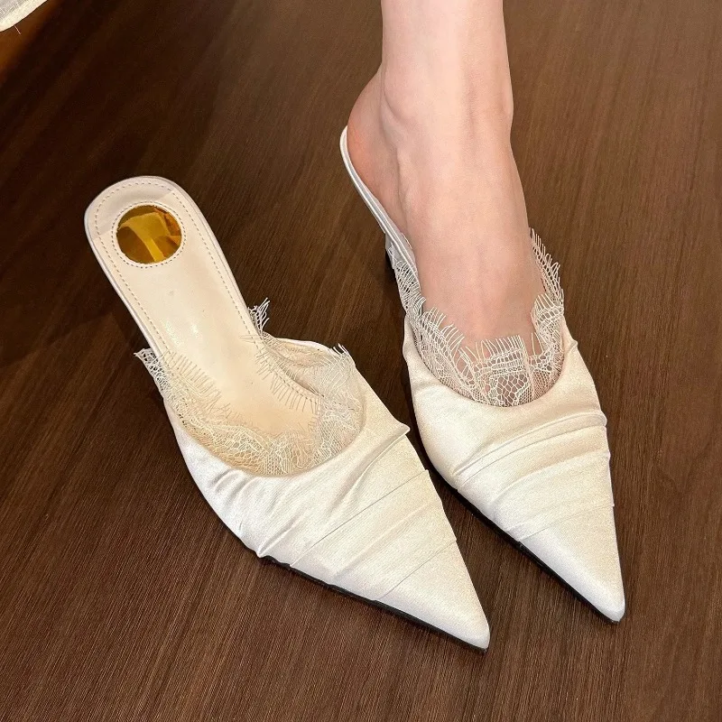 

Fashion Women Slipper Elegant Lace Baotou Mule Shoe French Style Pointed Tip Casual Shoes for Woman Designer Shoes Zapatos Mujer