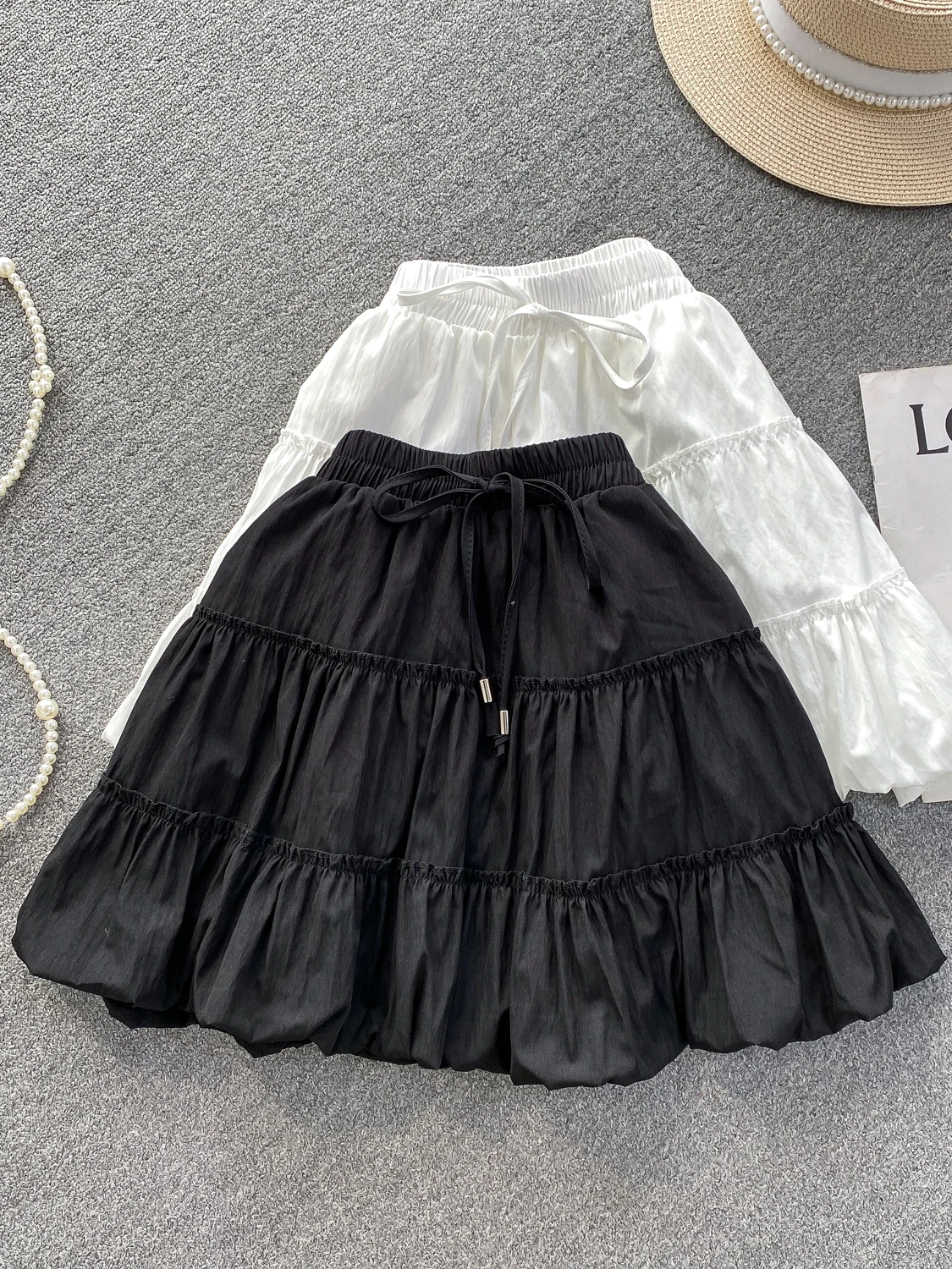 

Cute Princess Skirt Women's High Waist Drawstring Flower Bud Design Half-length Elastic Waist Slimming Lace Trimmed Skirt