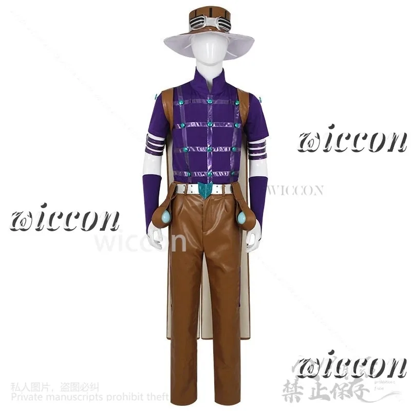 

asdh8@Gyro Zeppli Cosplay Sbr Anime Jo NEW Bizarre Costume Sexy Pu Pants Purple Tights Racewear Suits Cape Hat Wigs Props Custom
