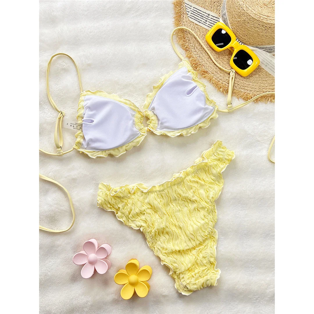 Gefalteter, geraffter, brasilianischer Bikini, Damen-Badeanzug, zweiteiliger Bikini-Set, Badebekleidung, Badeanzug, Schwimmanzug V8053B – Detail 12