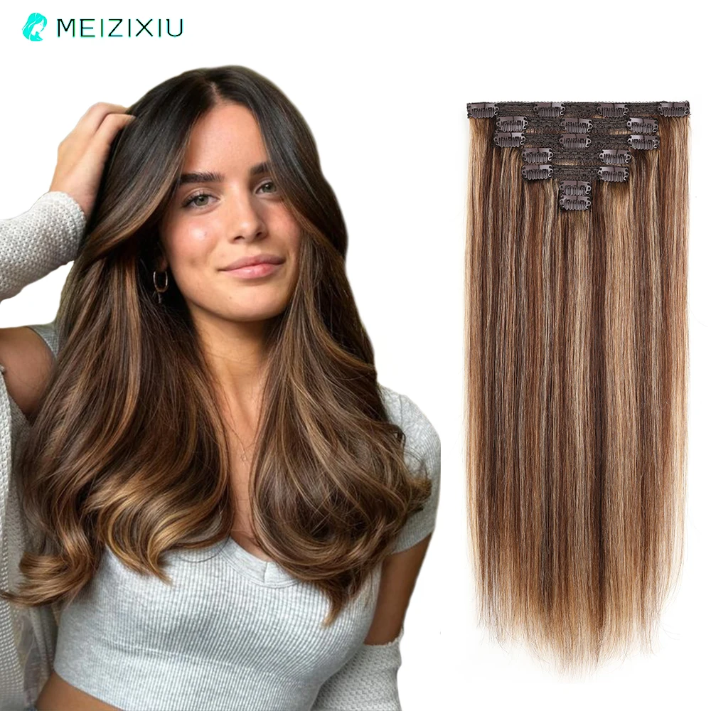 Extensions de cheveux humains à clipser pour femmes, blond avec brun, double trame, tête complète, ajouter de la dentelle, 7 pièces, #27