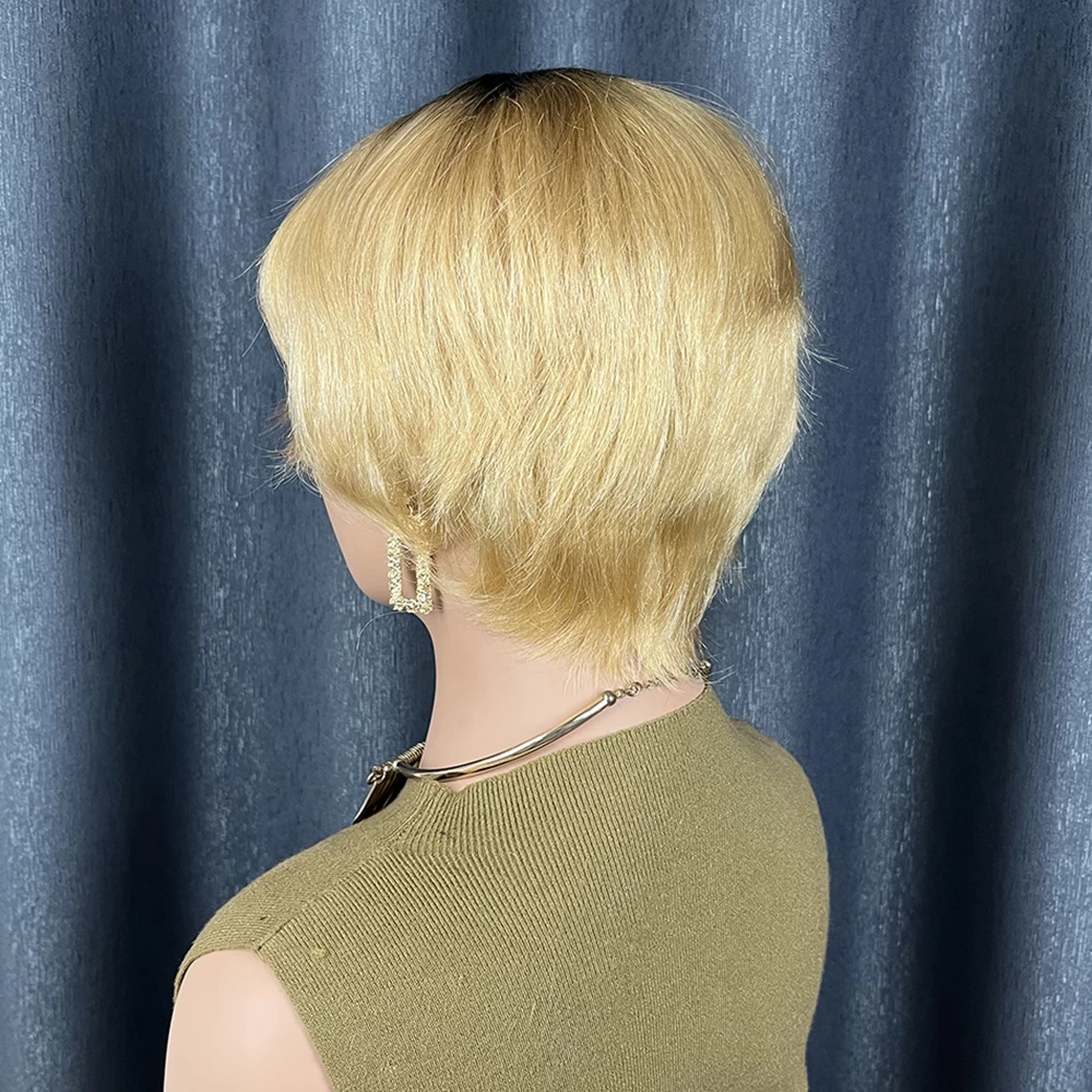 باروكات شعر بشري أشقر قصير مفرود للنساء ذوات البشرة السمراء، قص عابث برازيلي مع غرة شقراء، قبعة مصنوعة آليًا بالكامل جاهزة للارتداء