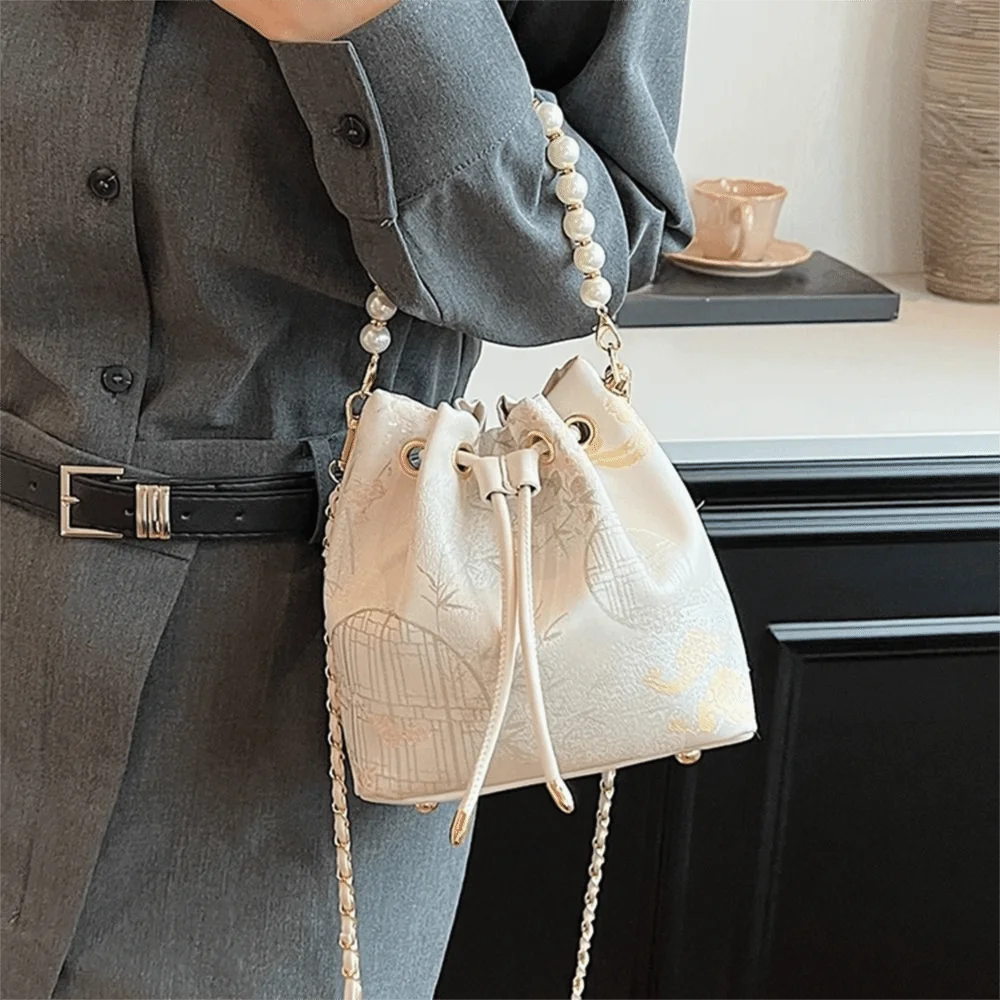 

Drawstrings Embroidery Bucket Bag Adjustable Chain Comfortable Straps Floral Shoulder Bags Non-slip Bottom Large Capacity