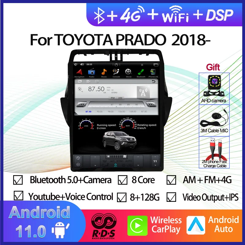 Android 10.0 Car GPS Navigation Tesla Style Vertical Screen For TOYOTA PRADO 2018-2025 Auto Radio Stereo Multimedia Player