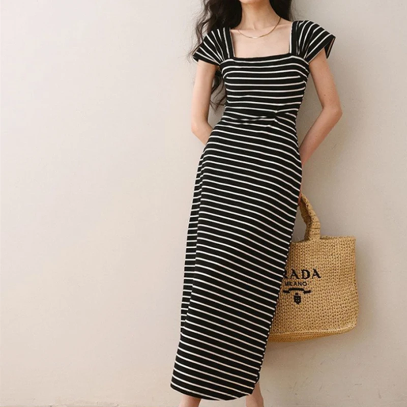 Korean Striped Dress Women Fashion Slim Elegant Summer Beach Skirt Backless Sexy Pretty Style Black Dress Female Clothes