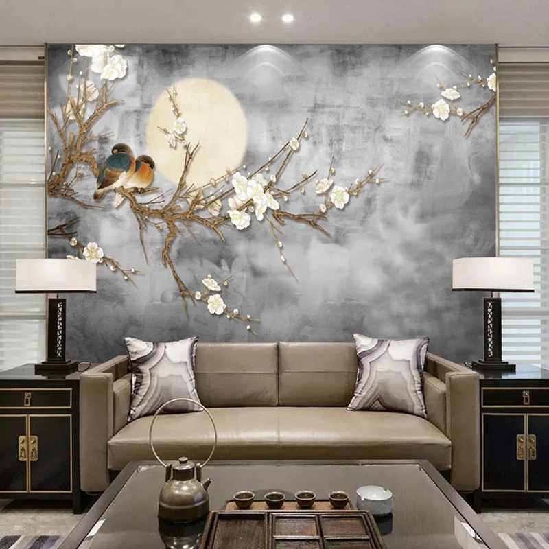 Custom 3D Photo Retro New Chinese Style Hand Painted Moon Flowers Birds Wall Murals Bedroom Living Room Decor Wallpaper Fresco