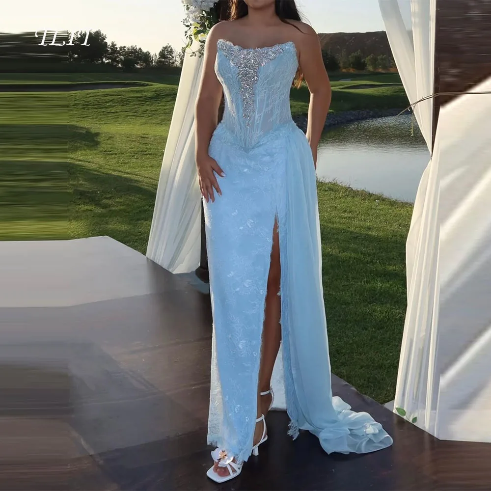 TLIT Elegant Blue Lace Mermaid Evening Gown Dresses Strapless Crystals High Side Split Prom Gowns Customized Formal Party