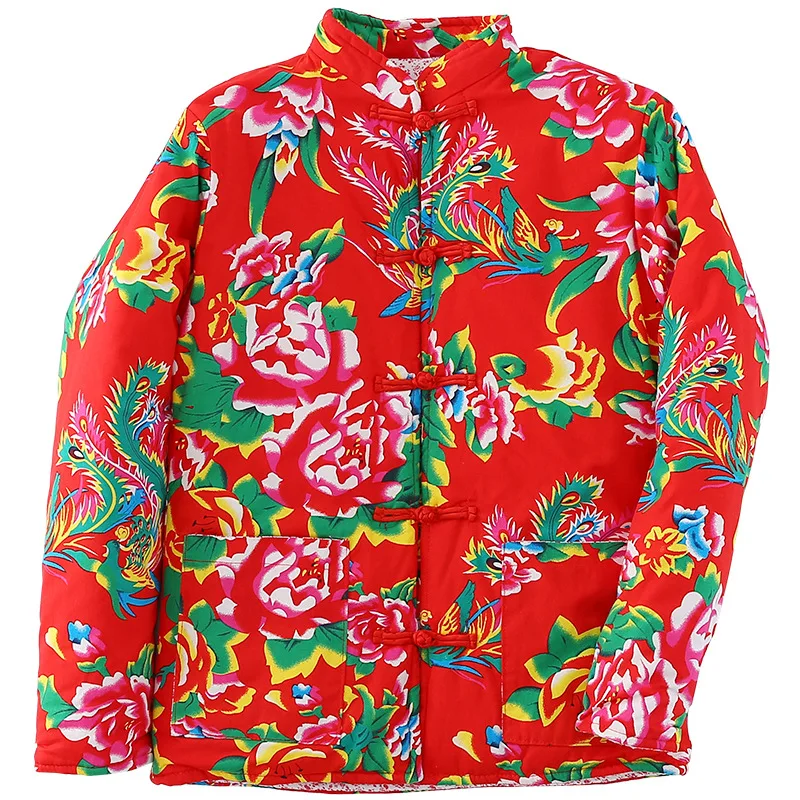 China Northeast Red Print Flower Tang Suit Jacket Autumn Winter Cotton-Padded Thickened Coat Dance Yangge Costume Ethnic Clothes