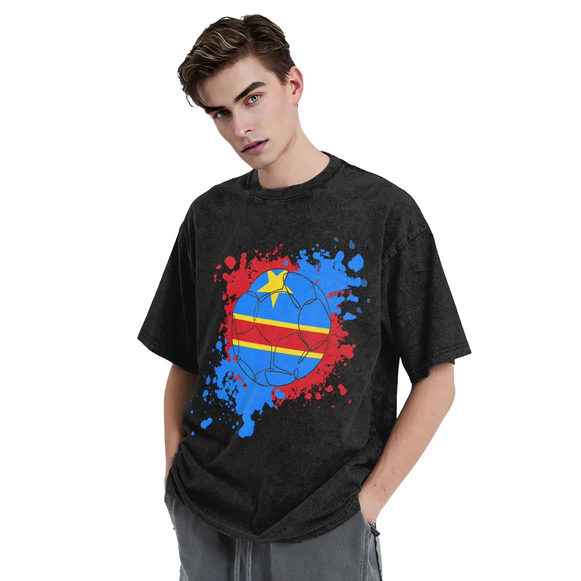 Republic Of Congo Flag Soccer Ball Washed T Shirts Streetwear  Fashion T-Shirt  Tees Tops Men Women Cotton Harajuku Graphic
