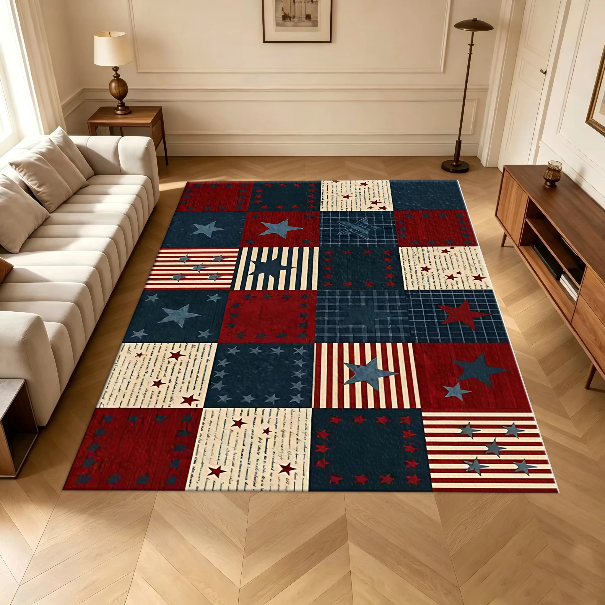 American Flag Stars Patchwork Print Carpet Vintage Patriotic Floor Mat Carpet
