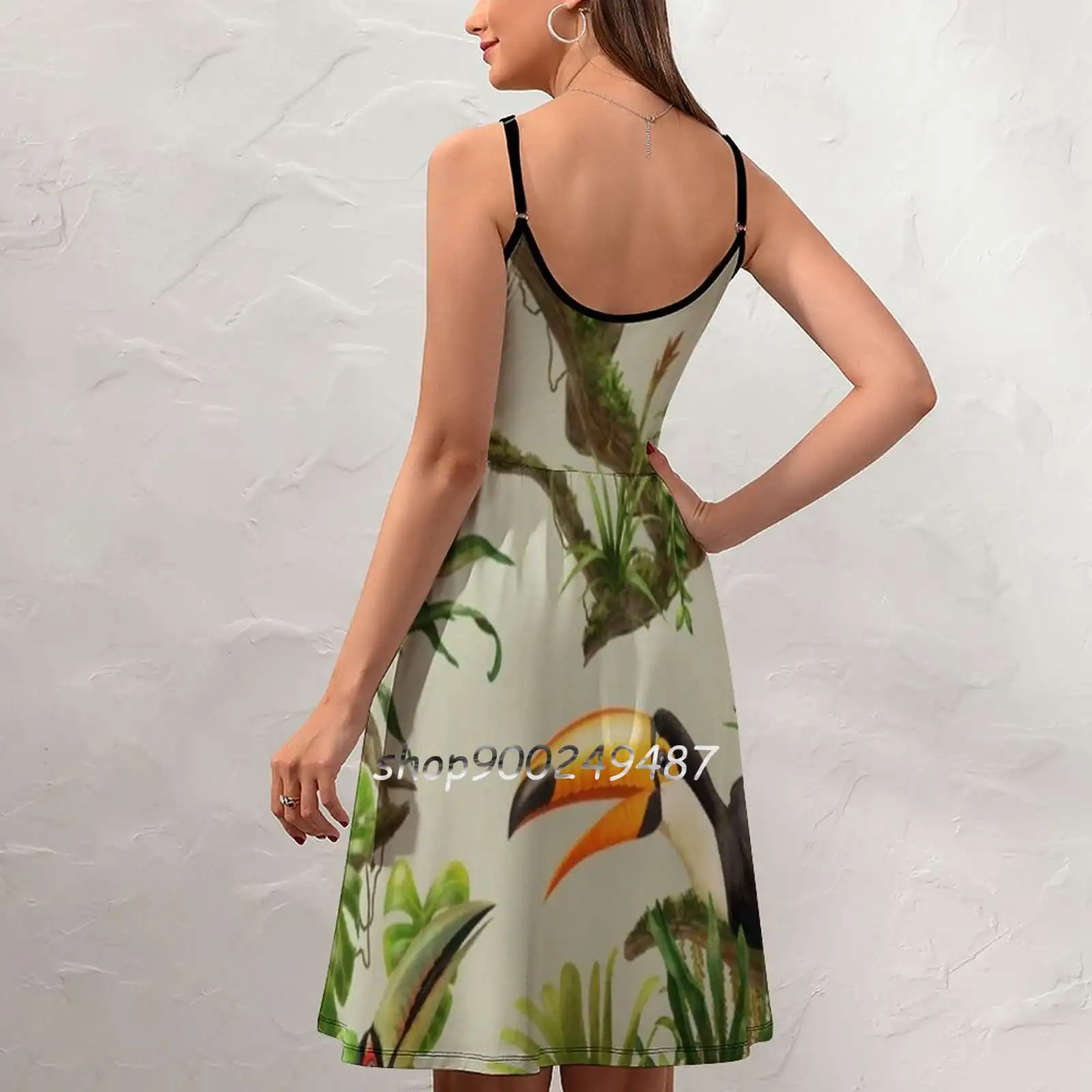 Toucans And Bromeliads-Canvas Background Sling Dress Women Summer Printing Condole Belt Dresses Toucan Tucan Bird Audubon