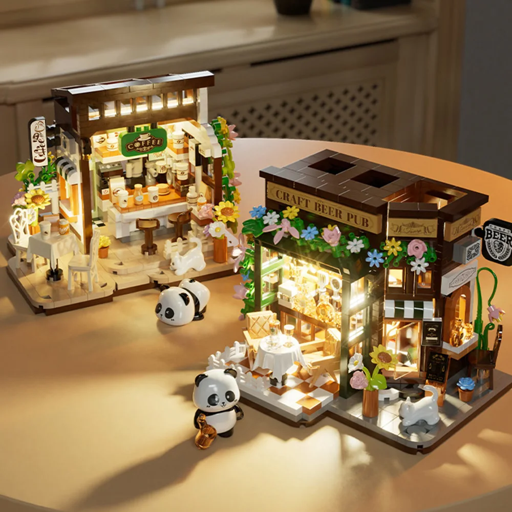 iDEA Loz Mini Diamond Building Block Panda Street View Pub Bakery Florist Coffee Shop Construction Toys With Light For Gift