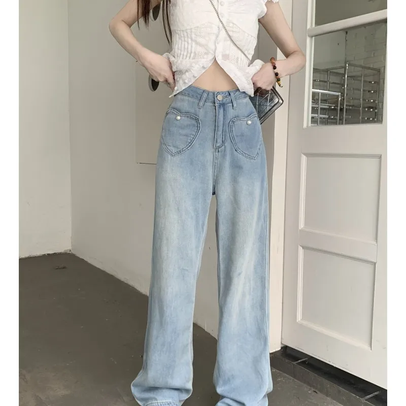 

Light Blue Womens Jeans High Waist Vintage Straight Baggy Denim Pants Streetwear American Style Fashion Wide Leg Denim Trouser