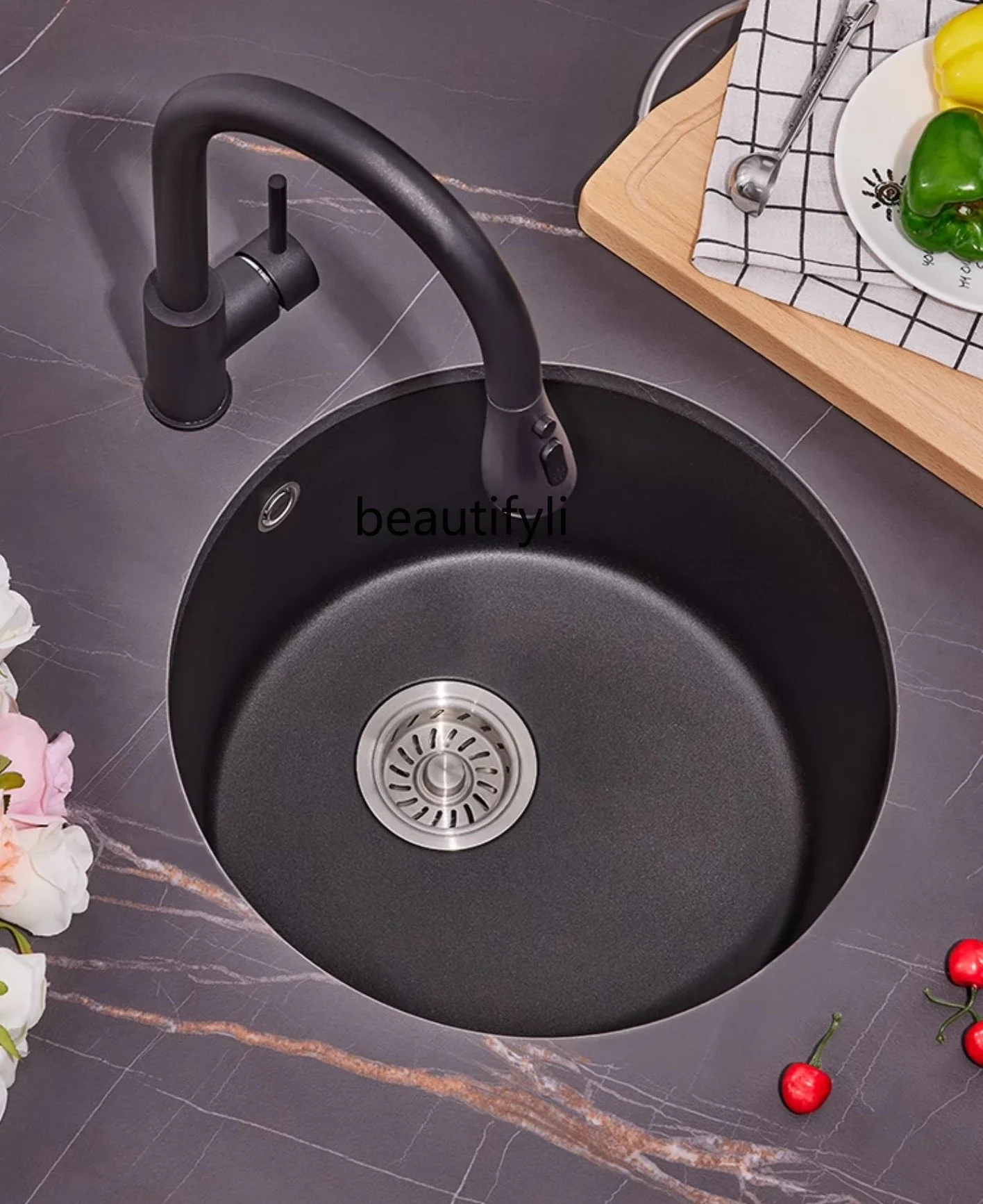 

round Kitchen Island Bar Counter Quartz Sink Western Kitchen Mini Pool Granite Single Sink Black