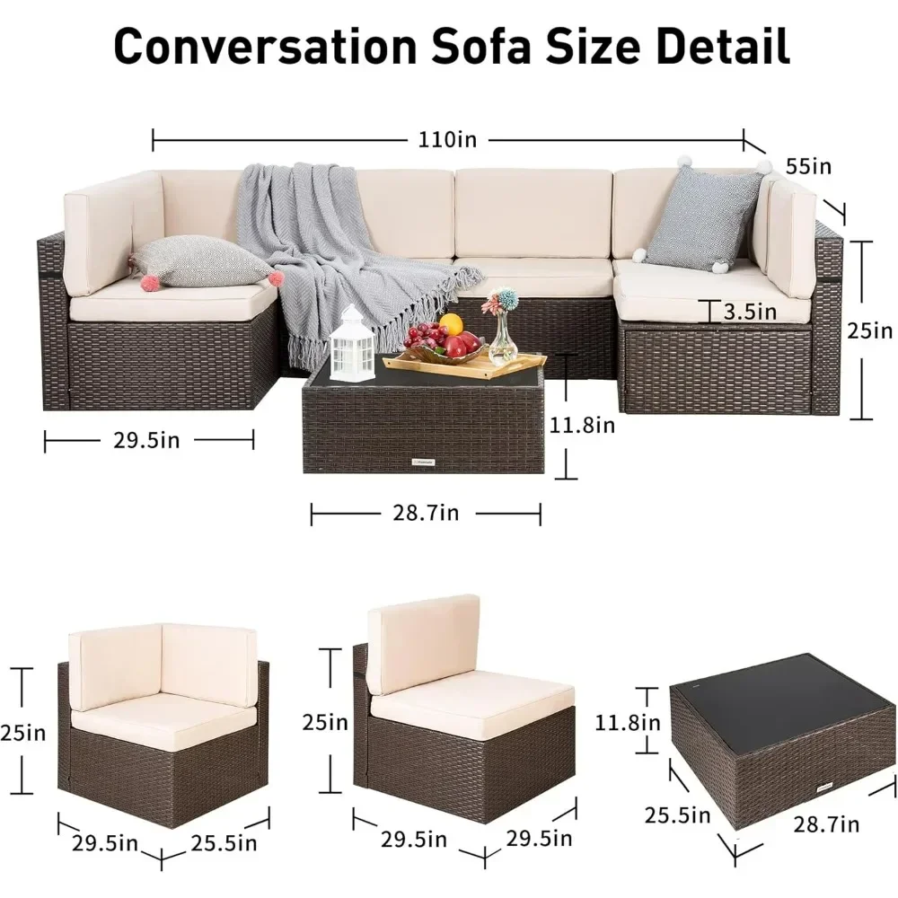 8 Pcs Patio Conversation Sets with fire Pit, Patio Furniture Sectional Sofa with Gas Fire Pit Table (Brown Wicker,Beige Cushions